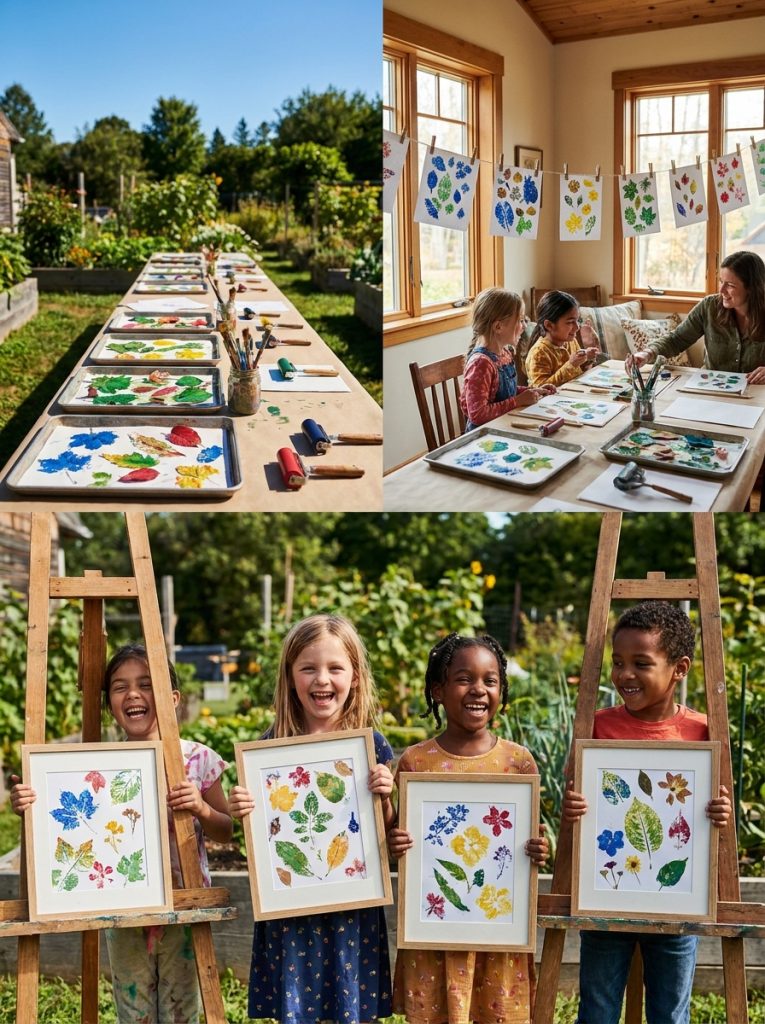 Beautiful nature print craft ideas with leaves flowers and natural objects in paint pressed onto paper in colorful display
