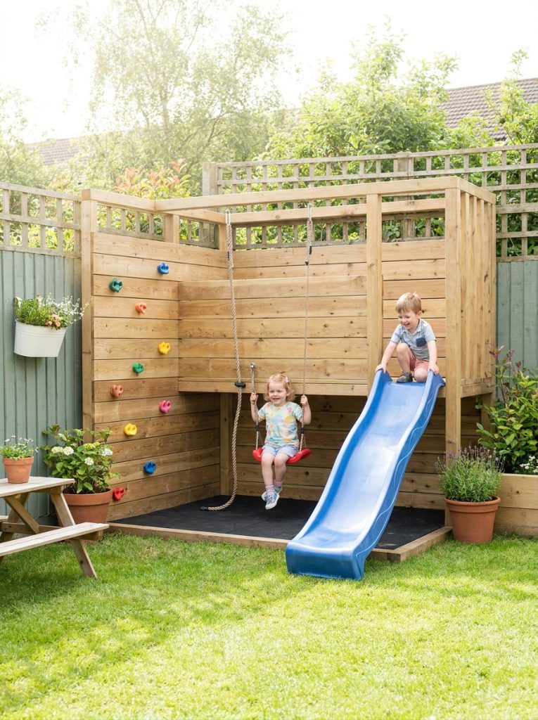Compact easy DIY kids outdoor playground with climbing wall and swing in small cheerful backyard