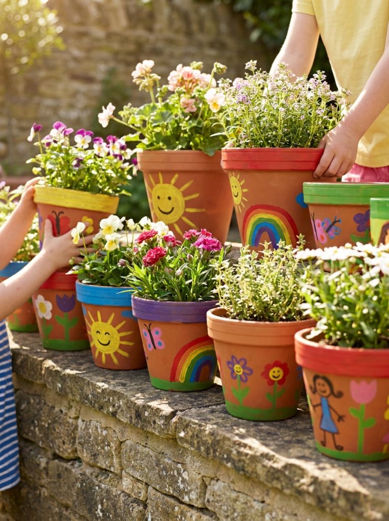 Whimsical flower pots painted by kids with suns rainbows and butterflies in bright primary colors