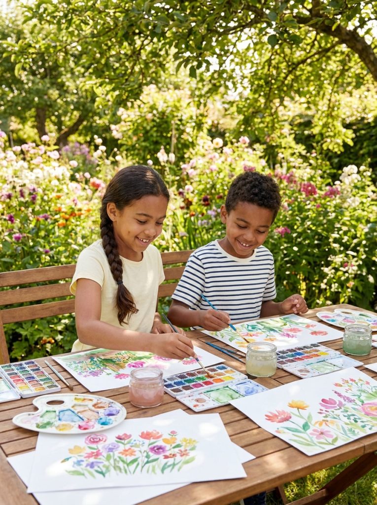 Kids doing watercolor painting outside in sunny garden with paints and water pots painting flowers and garden scenes