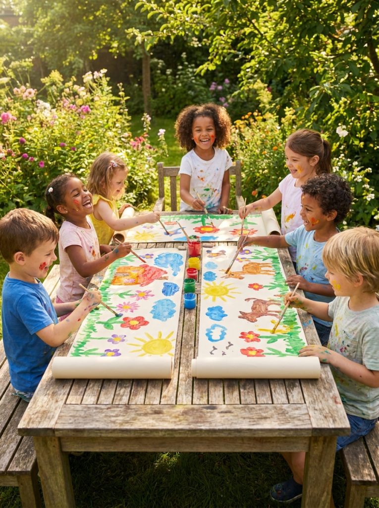 Kids doing fun outdoor summer painting craft at garden table in bright sunshine with vibrant colors on large paper