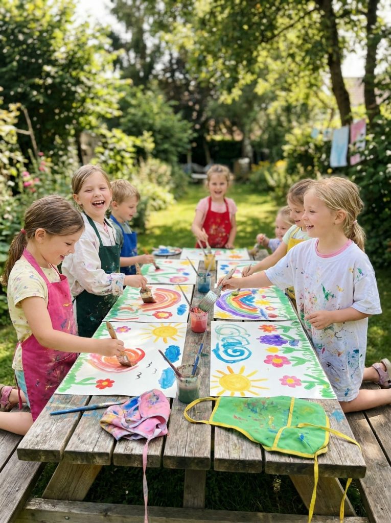 Kids doing quick summer craft painting outside with summer scenes flowers and colorful designs at outdoor table in sunny garde