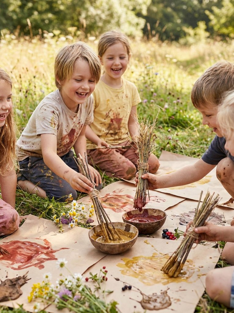 Kids painting outside with natural stick and grass paintbrushes using earth tones from mud and berries Pin