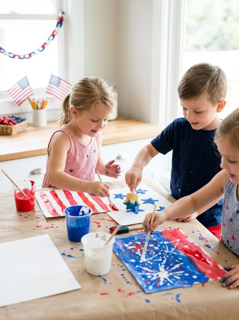 Kids doing easy patriotic painted july crafts with red white blue paint creating stars stripes and firework patterns on paper