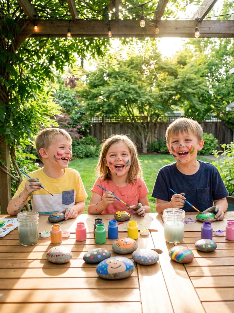 ids painting smooth rocks with bright acrylic paints outside showing animals and colorful patterns
