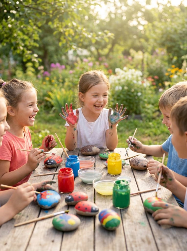 Kids painting smooth river rocks as ladybugs hedgehogs and colorful patterns on garden craft table