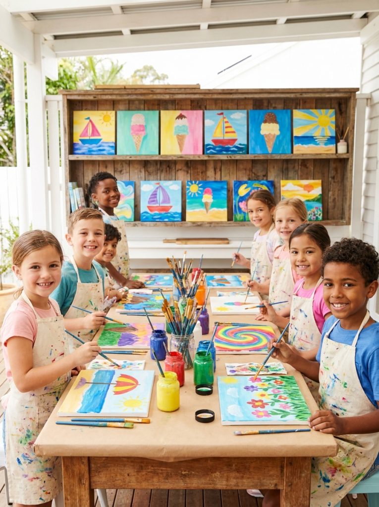 Kids painting colorful summer scenes and abstract designs on canvas with acrylic paints with finished pieces displayed on shelf 