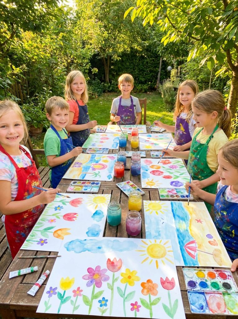  Kids doing watercolor summer crafts painting outside with summer scenes flowers suns and colorful designs on white paper