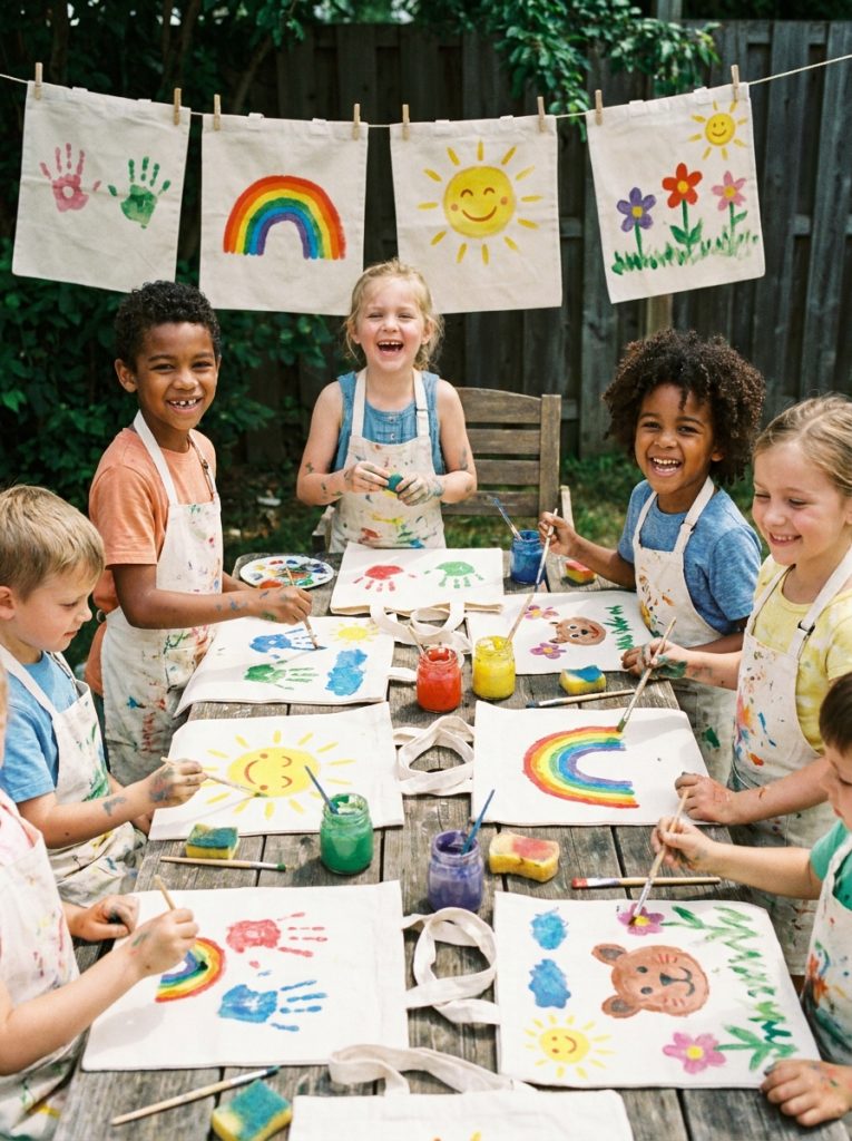 Cute easy tote bag painting ideas made by kids with handprints rainbows simple animals and fun summer designs on canvas totes