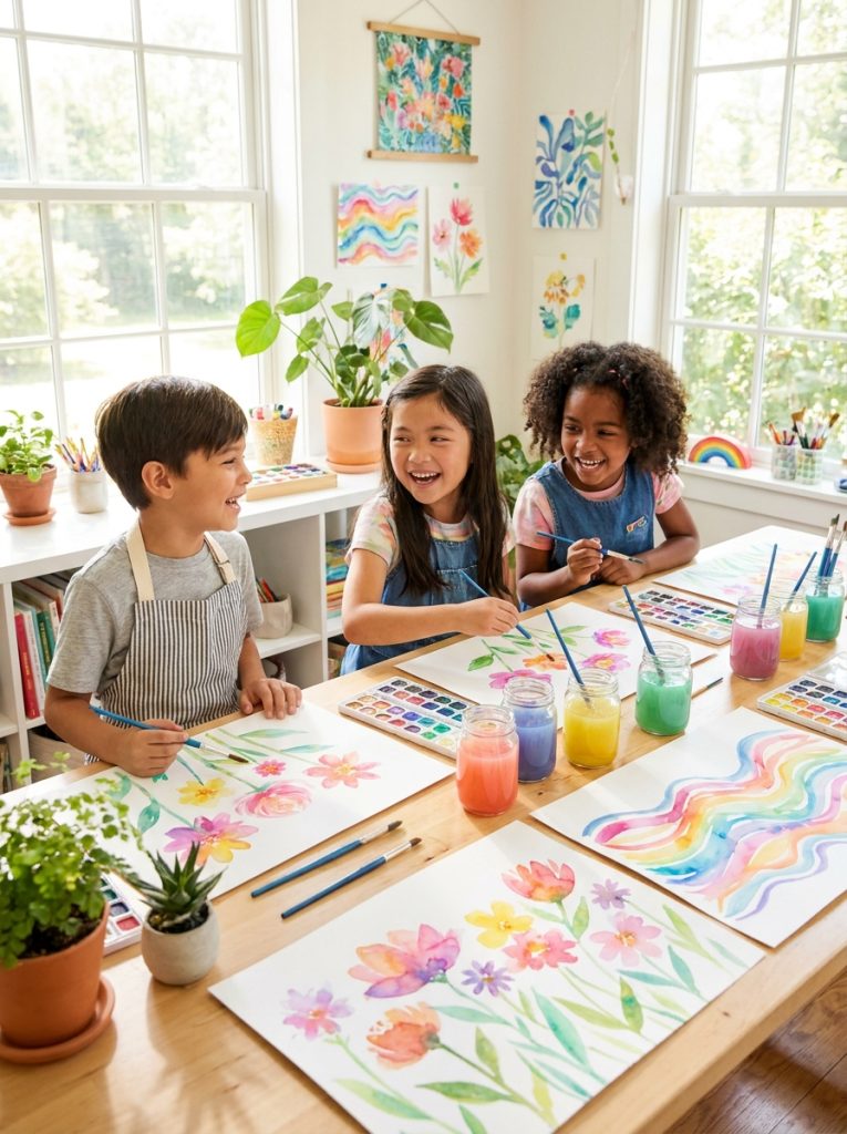 Kids doing beautiful watercolor painting craft with summer flowers landscapes and colorful abstract designs on white paper