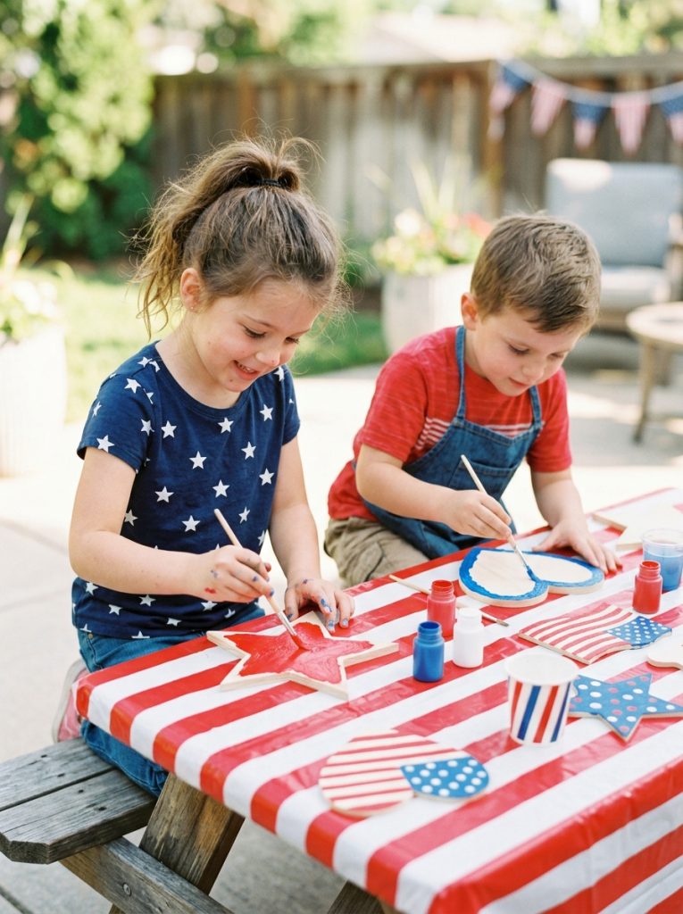 Kids painting unfinished wood star heart and flag shapes in red white and blue creating cheerful patriotic wood decorations