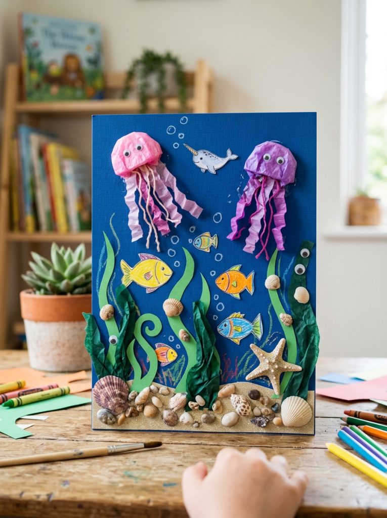 Beautiful simple paper ocean scene seashell craft with blue background real shells paper seaweed tissue jellyfish and drawn fish