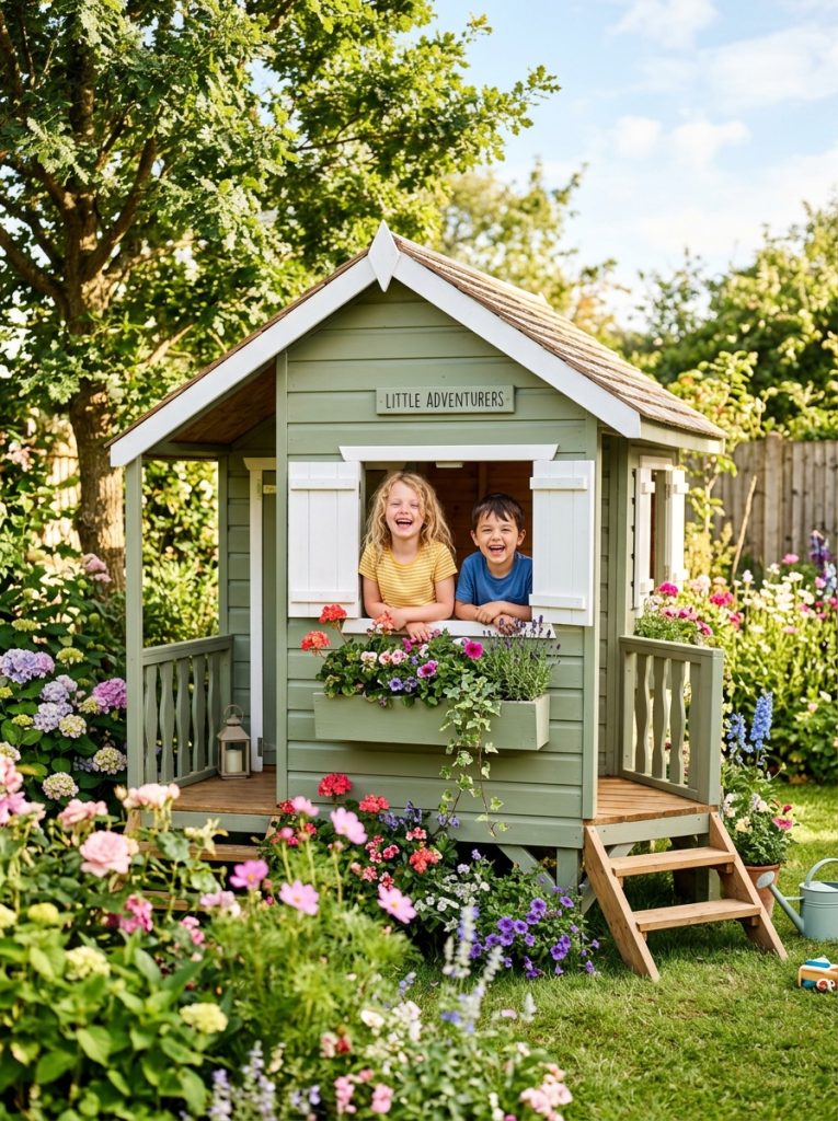 Painted wooden cubby house playhouse in sunny backyard with kids peeking out happily