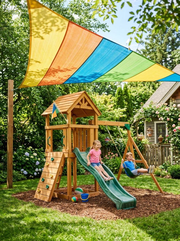 Backyard kids play area with colorful triangle shade sail overhead and playset