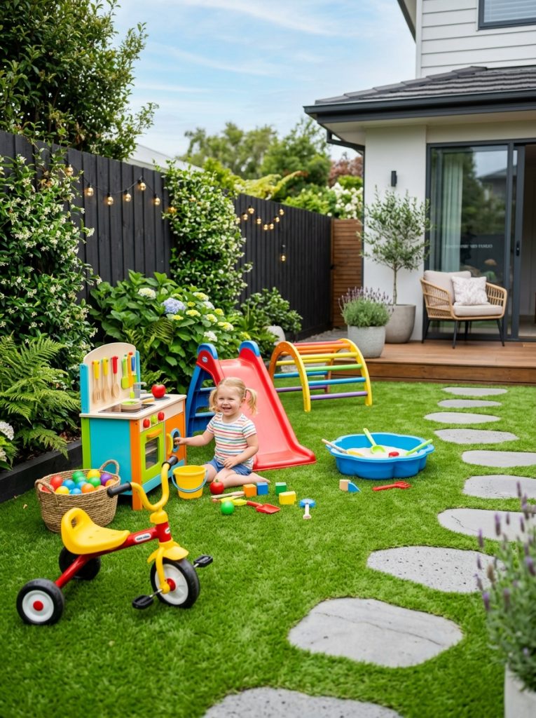 Small backyard kids play area with lush green astroturf and colorful outdoor toys