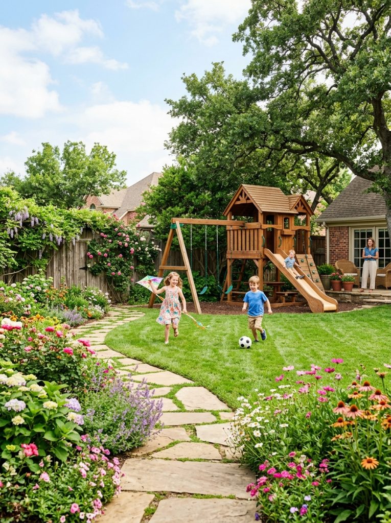 Large landscaped backyard kids play yard with green lawn and stepping stone garden path