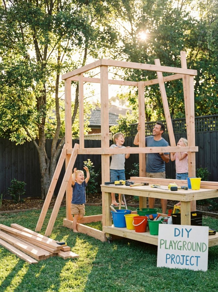  DIY kids playground wooden frame being built in sunny backyard with tools