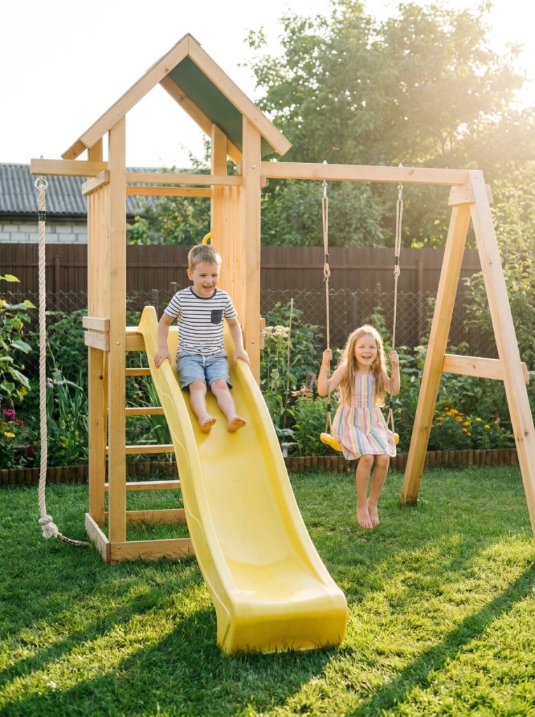 Simple easy DIY kids playground with slide and swing built over a weekend in backyard