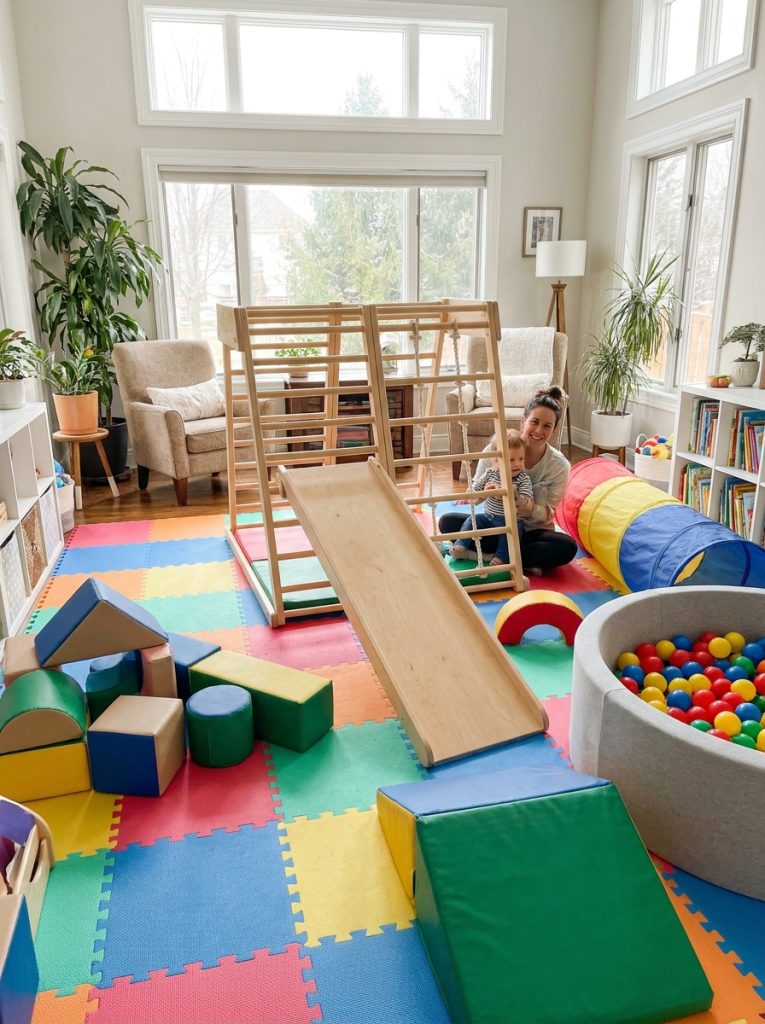 DIY indoor kids playground with small climbing frame and slide in bright colorful playroom