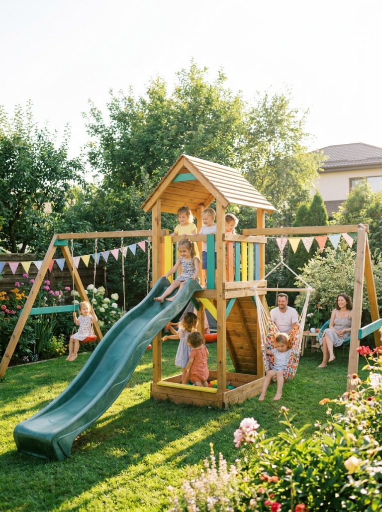 Beautiful DIY kids playground with slide swings and climbing wall in sunny backyard