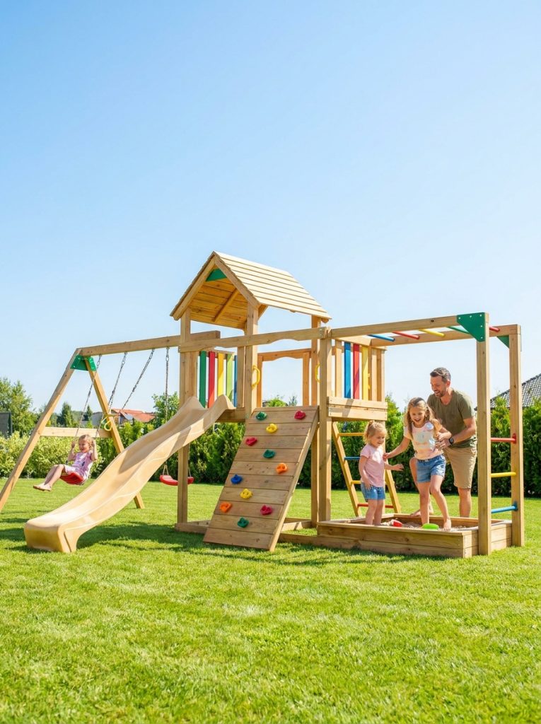 Large impressive DIY kids playground with swings slide climbing wall and sandbox in big sunny backyard