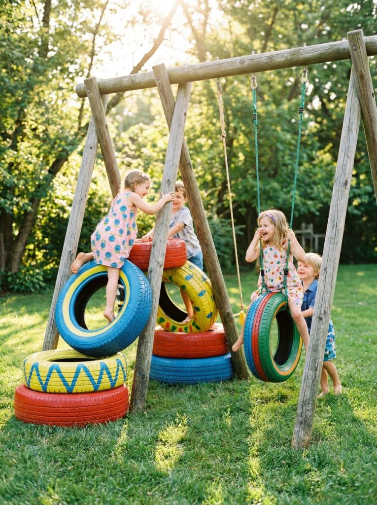 Creative DIY kids playground using colorful old tires and wooden frame in backyard