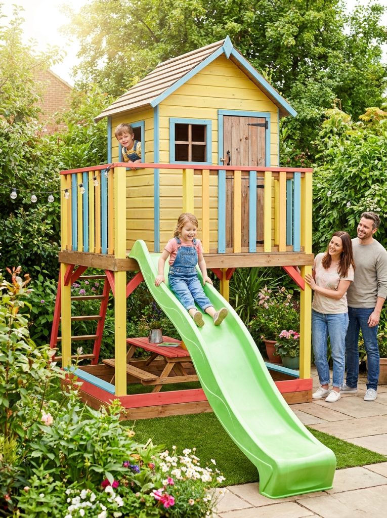  DIY backyard kids playground with attached playhouse platform slide and little window