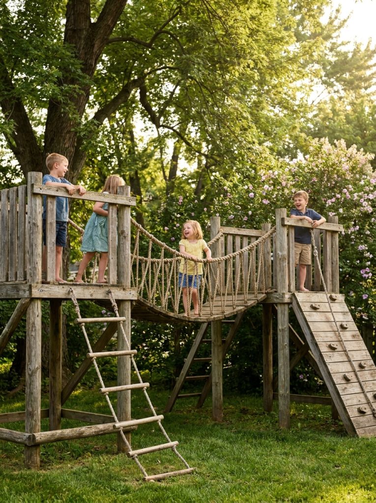 DIY kids playground with natural wood rope ladder and rope bridge in lush green backyard