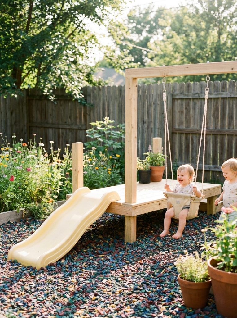Simple DIY toddler playground with low platform gentle slide and bucket swing in sunny backyard
