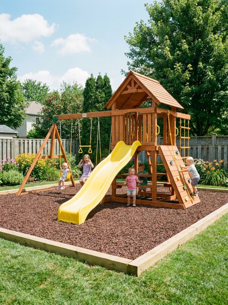 Finished DIY kids playground with timber border rubber mulch and wooden playset in sunny backyard