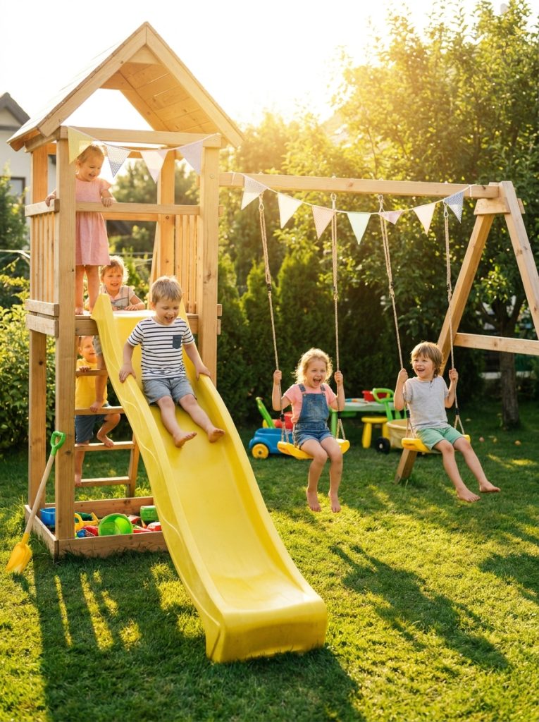 DIY wooden jungle gym with yellow slide and swings in sunny green backyard