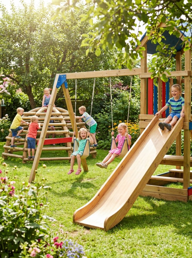  School-style DIY kids playground with climbing dome swing set and slide in sunny backyard
