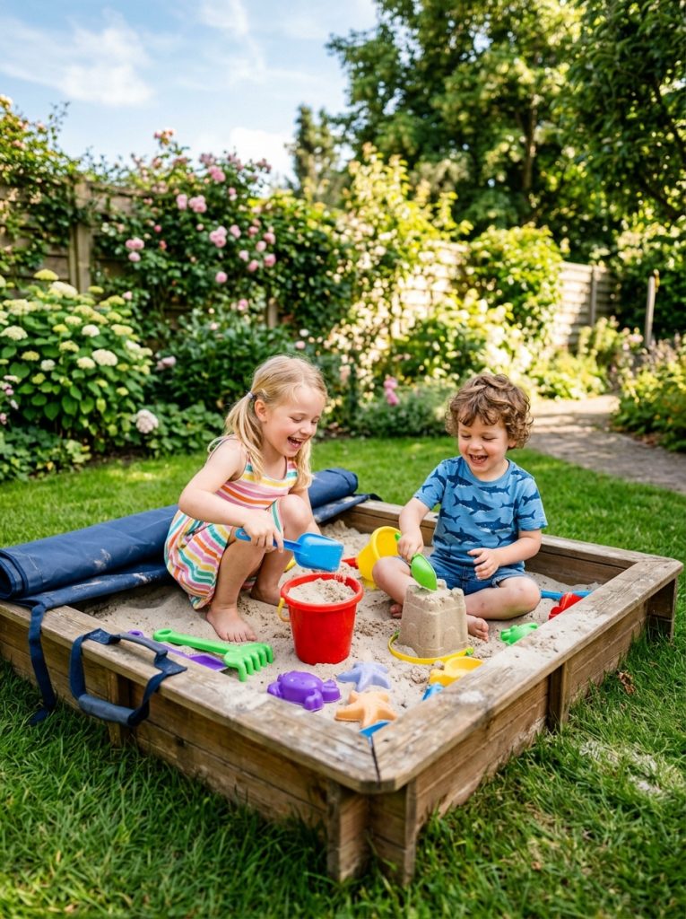 Wooden backyard sandbox with cover and kids playing with sand toys