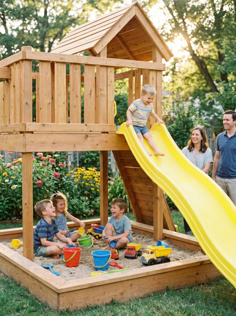  DIY kids backyard playground with integrated wooden sandbox and slide in summer