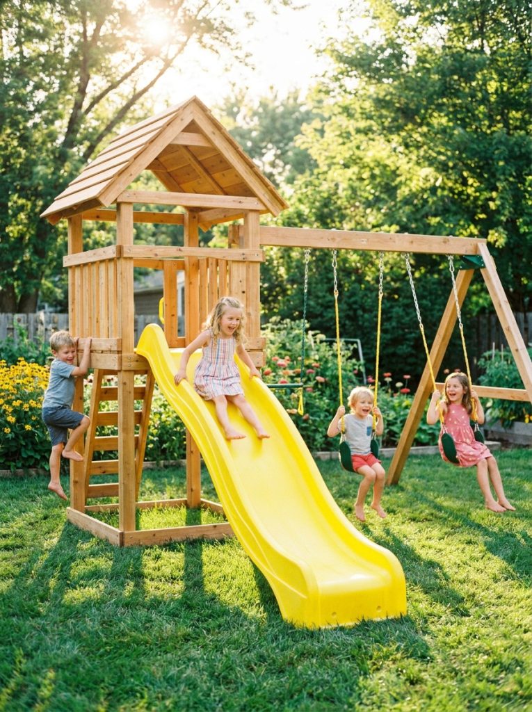 DIY wooden backyard playset with yellow slide and two swings in sunny grass