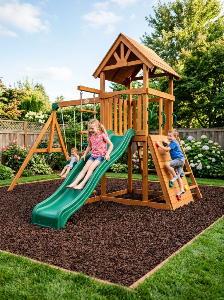 Backyard kids playset with rubber mulch safety surface underneath climbing frame