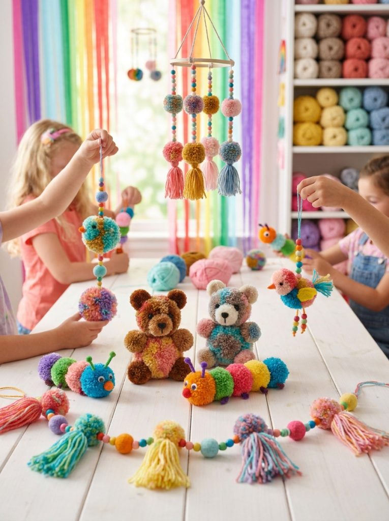 Colorful pom pom craft creations made by kids with fluffy pom poms as animals characters and decorative items in bright display