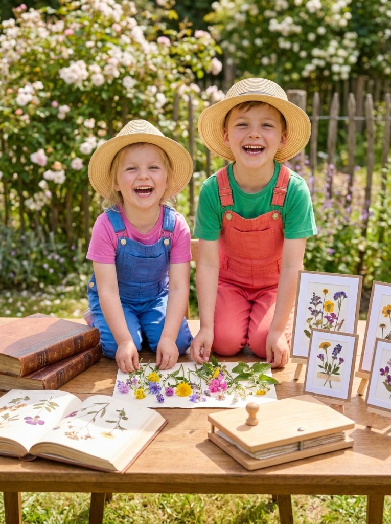 Kids pressing flowers outdoors arranged on paper between books with completed pressed flower artwork on card