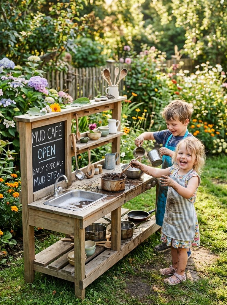 DIY wooden mud kitchen in sunny backyard with kids pretend cooking outdoors