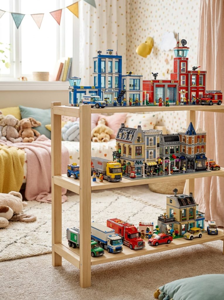  Beautiful kids room display shelf with completed lego sets arranged at eye level in bright room