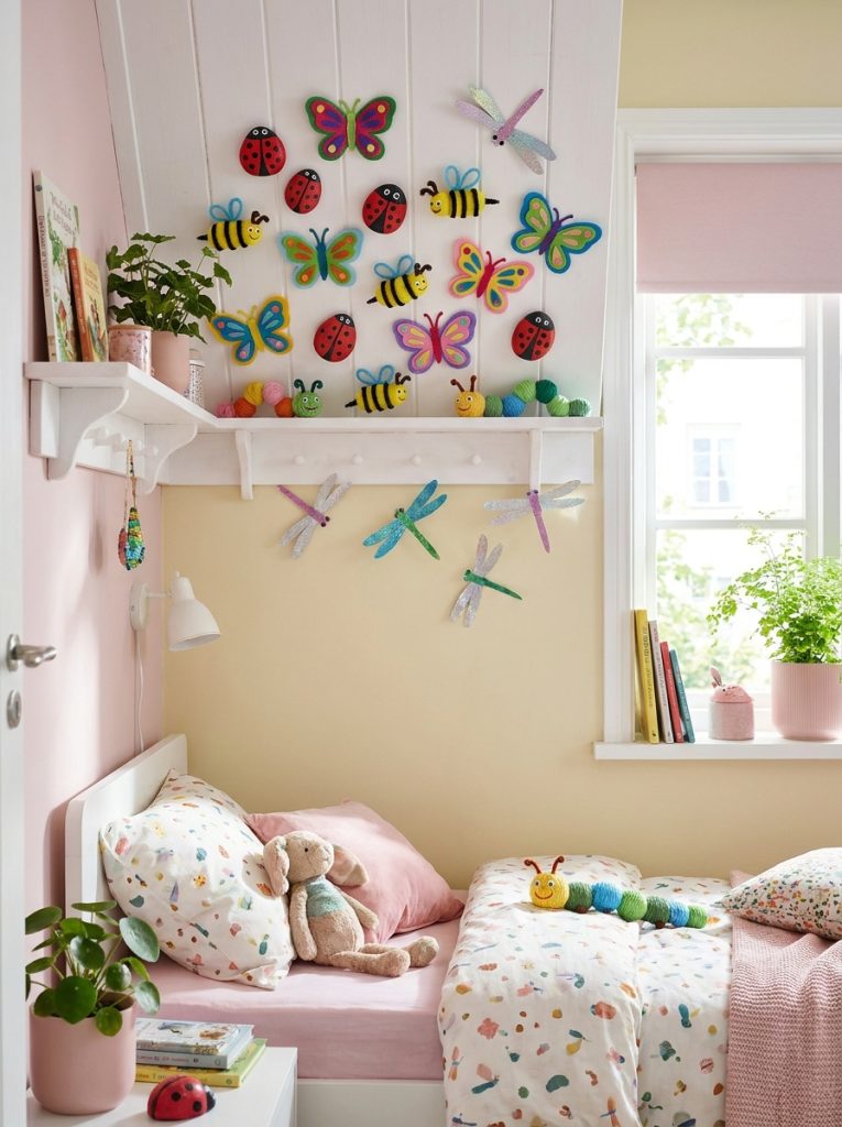 Beautiful kids room display of 20 cute insect craft creations with butterflies bees ladybugs caterpillars on wall gallery 