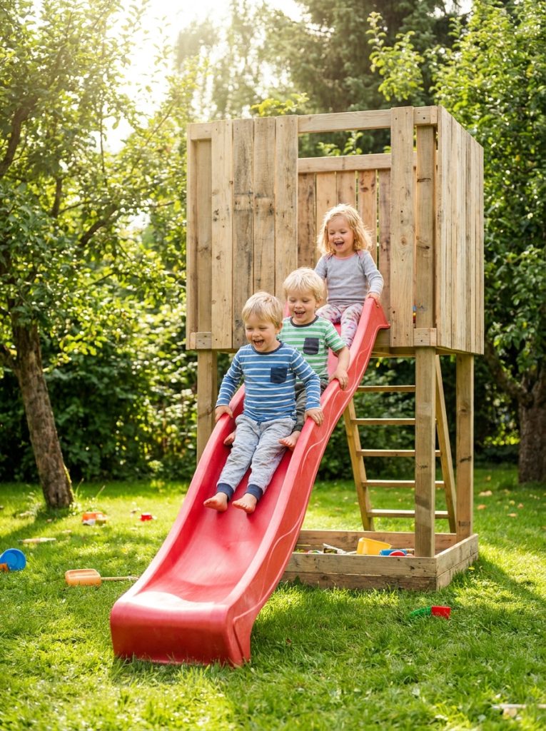 Cheap DIY backyard kids playground with bright red slide and wooden platform
