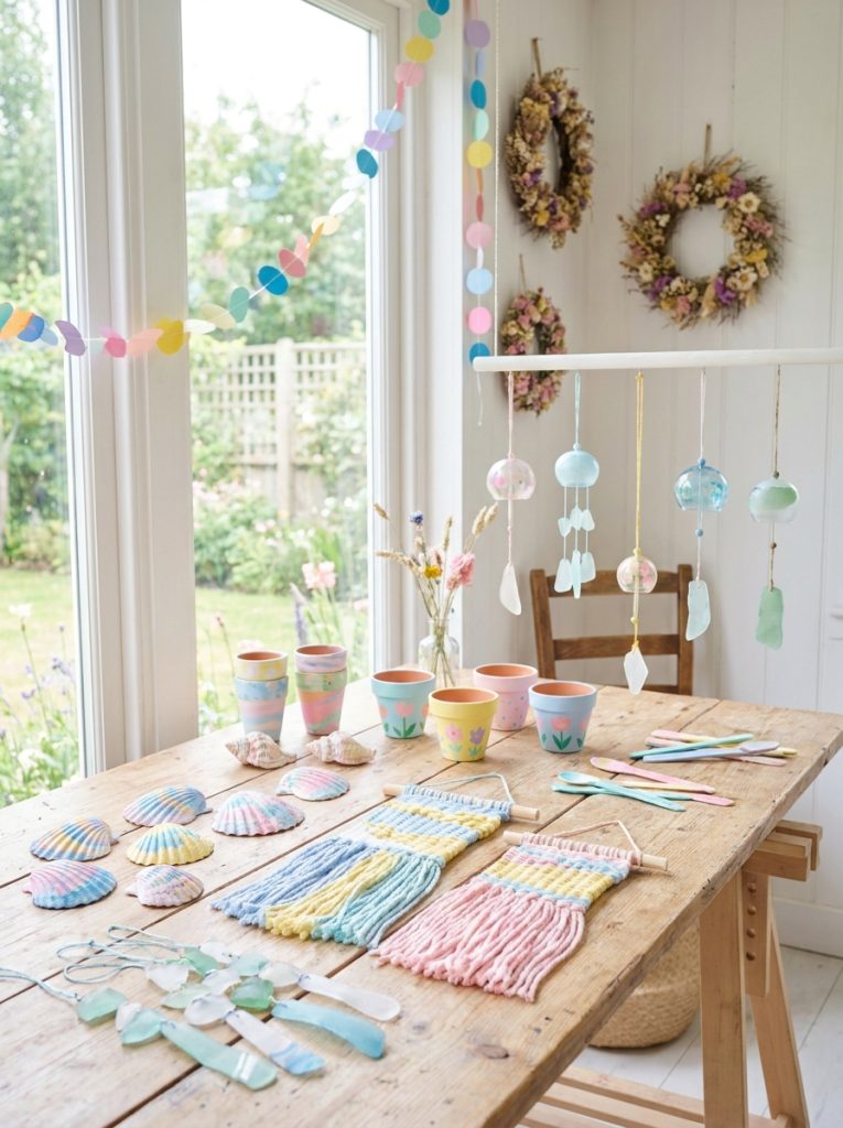 Cute aesthetic summer crafts made by kids in soft pastel summer tones displayed as beautiful curated summer craft collection 