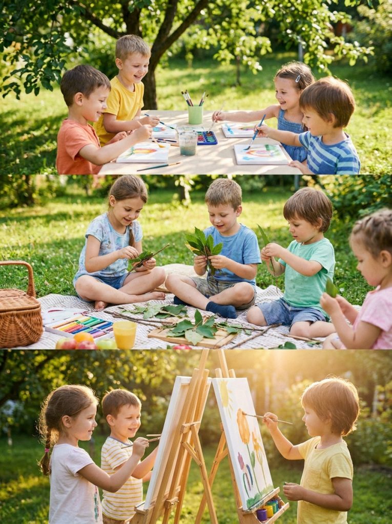  Complete kids summer craft day with watercolor morning nature crafts afternoon and canvas painting stations for full creative day