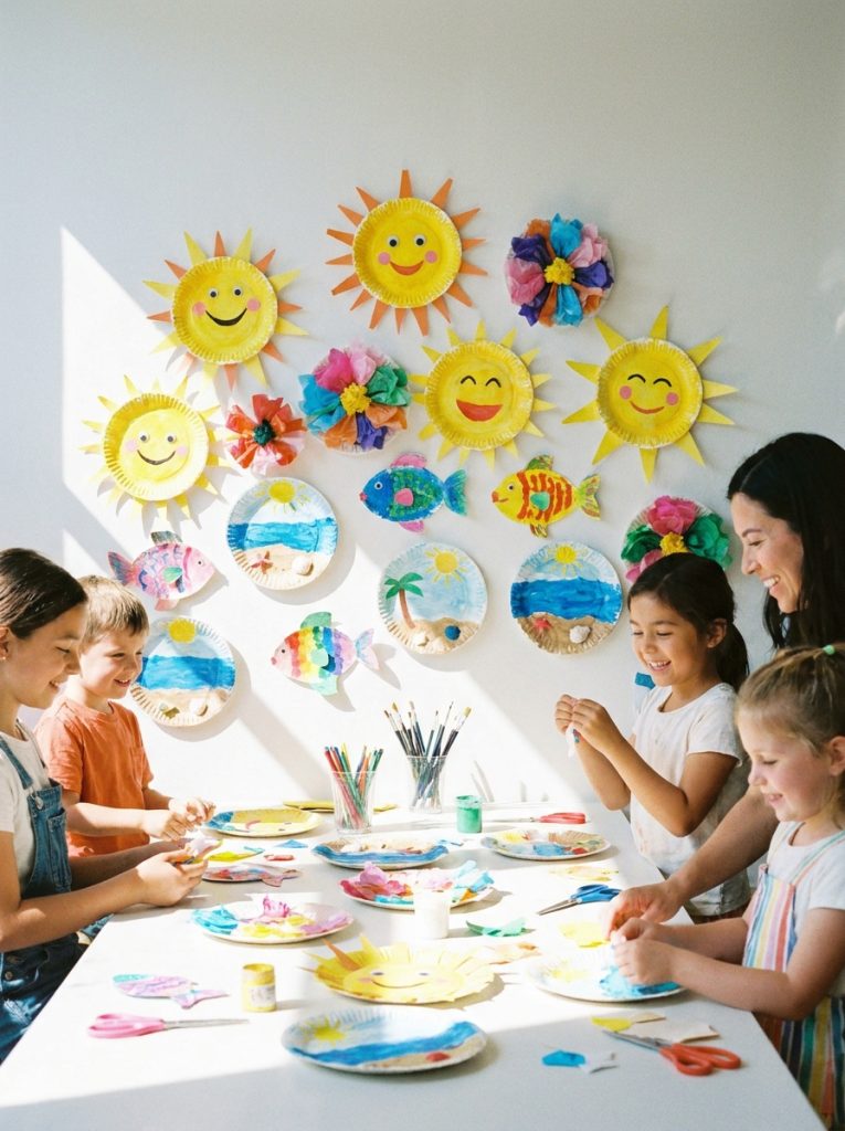 Colorful summer paper plate craft ideas with plates as suns flowers and fish made with paint tissue paper in bright display