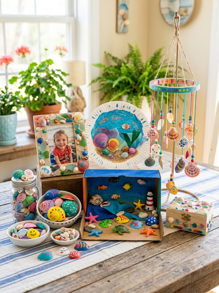 Complete summer seashell crafts collection with painted shells paper plate ocean shell wind chime frame keepsake and ocean scene
