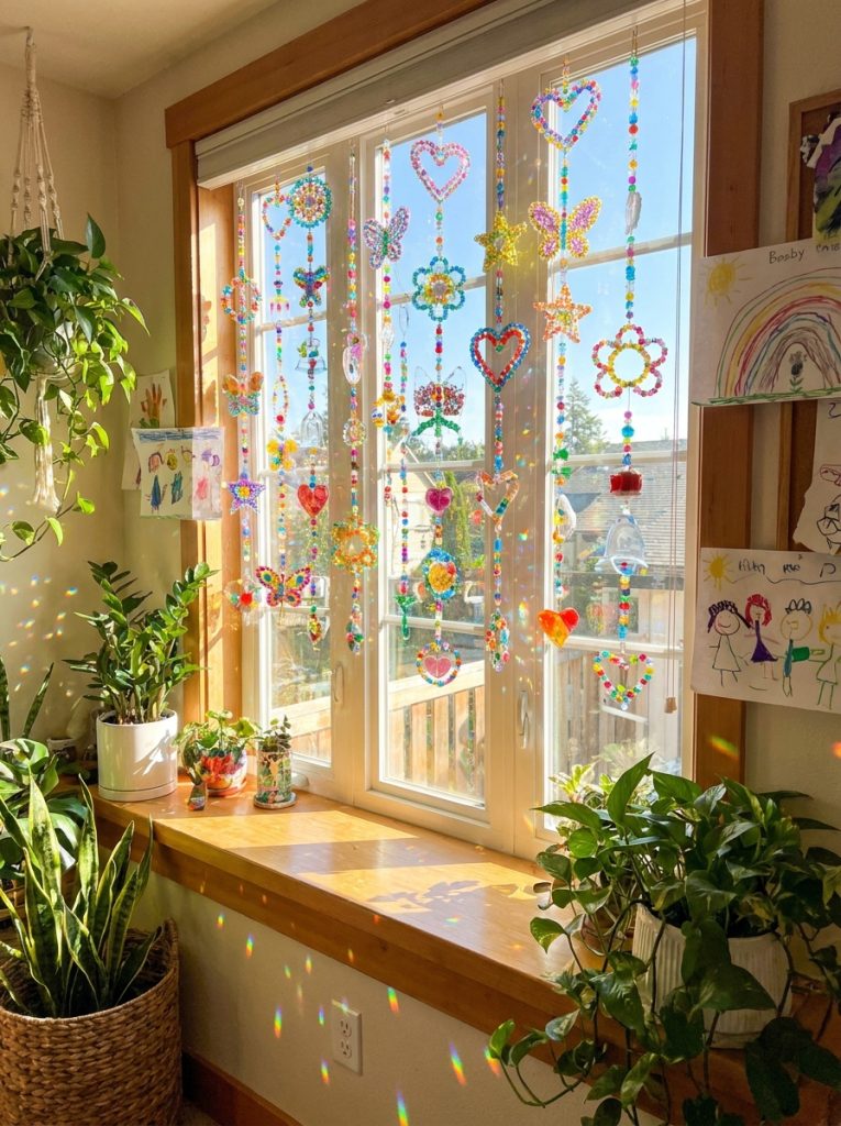 Beautiful sun catcher crafts made by kids hanging in sunny window casting rainbow colored light patterns across room