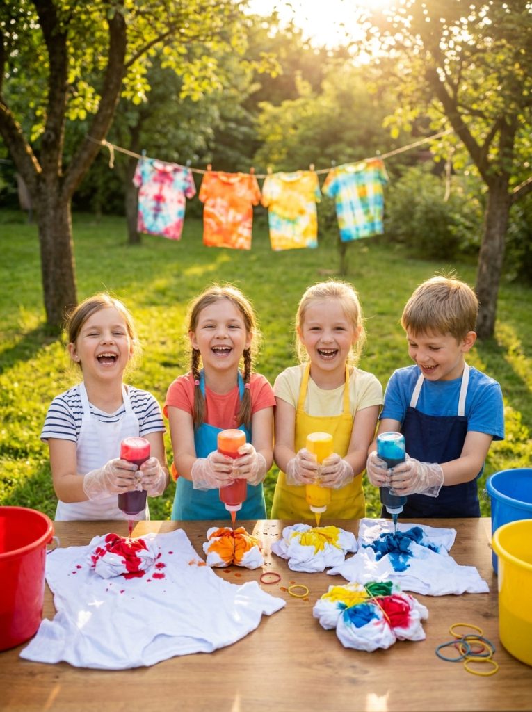 Kids doing tie dye summer crafts outdoors squeezing bright colors onto fabric with colorful results hanging to dry in sun
