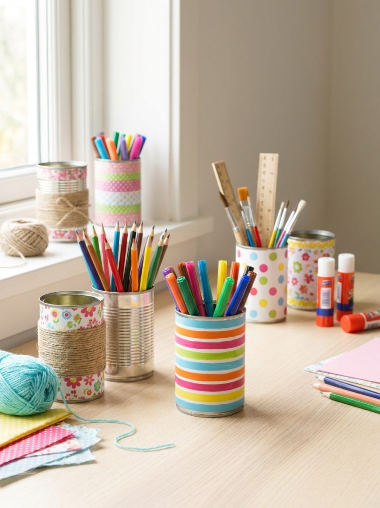 Decorated tin can pencil holders wrapped in colorful paper and twine with pencils on bright kids desk
