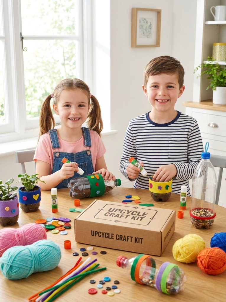 Kids working on plastic bottle upcycling project with colorful craft kit materials on bright craft table